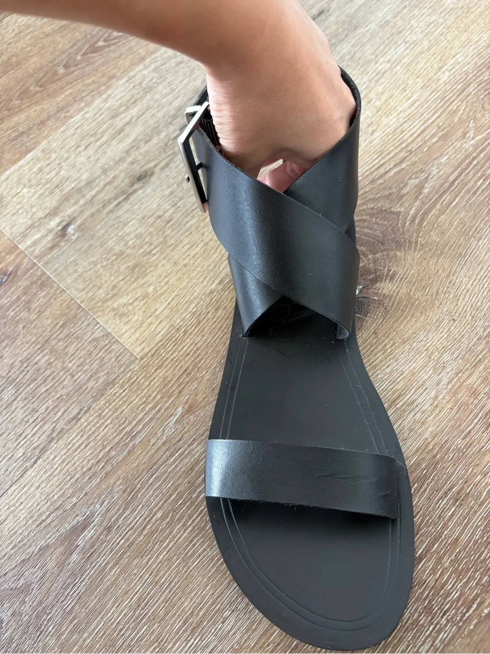 Zara EUC Black Leather Ankle-Strap Flat Sandals Sz: US 7| Minimalist, Chic - Picture 12 of 16